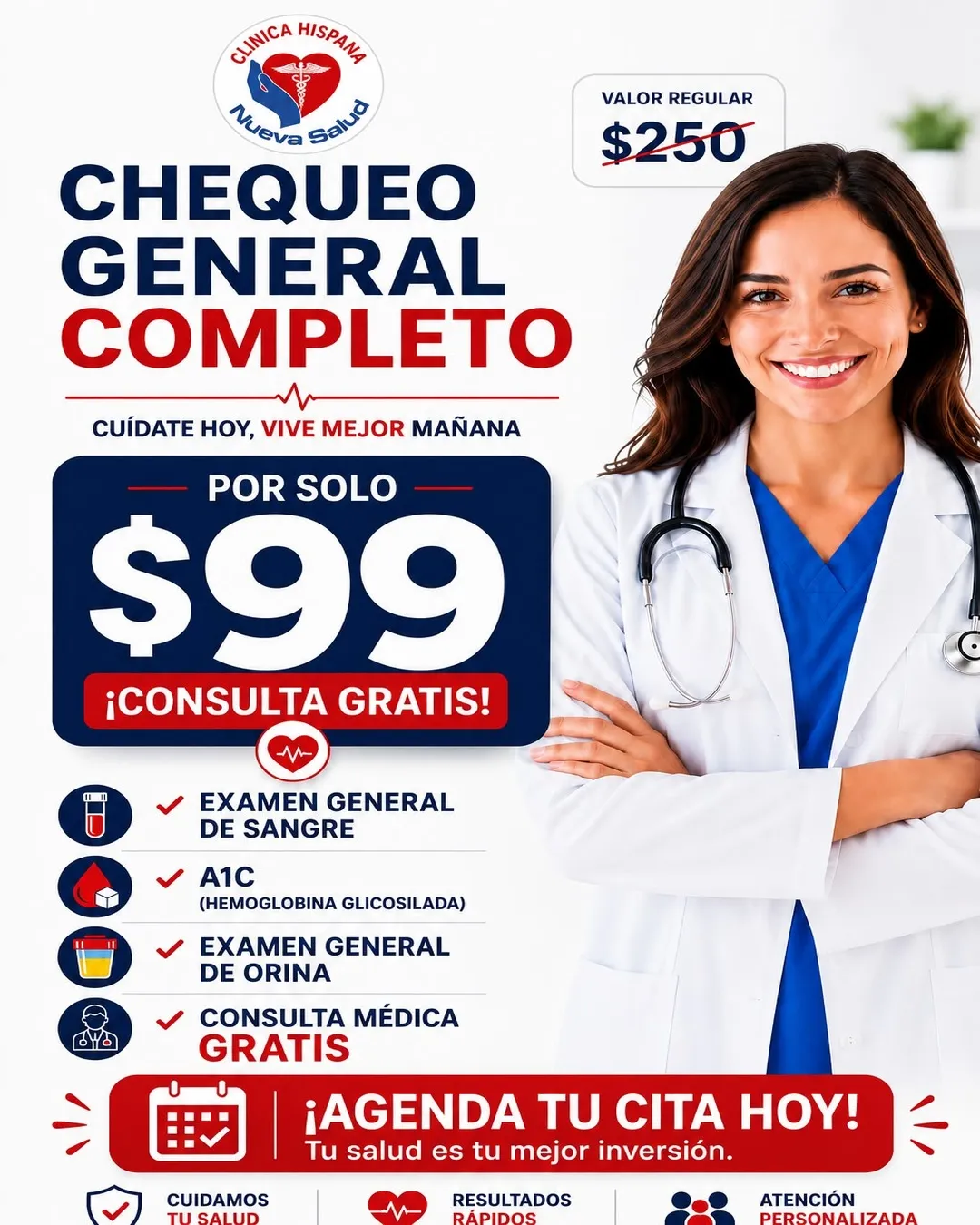 Promoción Chequeo General Completo por $99 en Clínica Hispana Nueva Salud Gessner, Houston