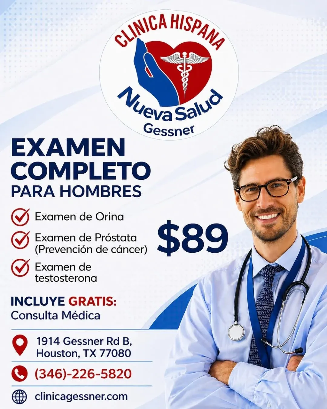 Promoción Examen Completo para Hombres por $89 en Clínica Hispana Nueva Salud Gessner, Houston