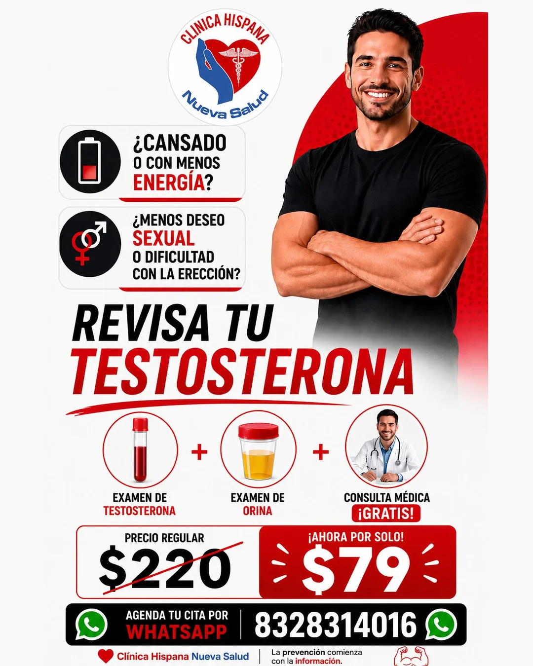 Promoción Examen de Testosterona por $79 en Clínica Hispana Nueva Salud Gessner, Houston