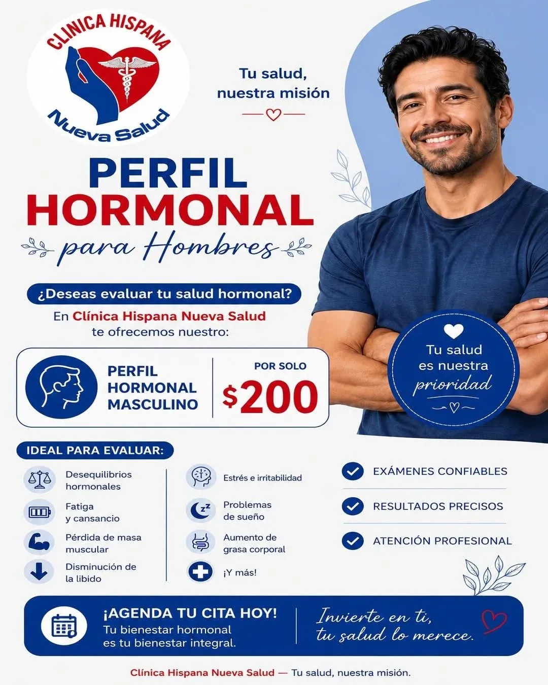 Promoción Perfil Hormonal para Hombres por $200 en Clínica Hispana Nueva Salud Gessner, Houston