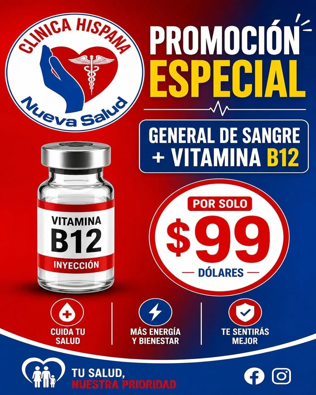 Promoción General de Sangre más Vitamina B12 por $99 en Clínica Hispana Nueva Salud Gessner, Houston